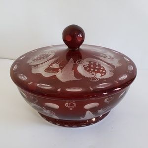 Egermann Bohemian red cranbury etched covered dish